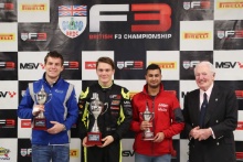 BRDC British F3 Championship Top 3 (l-r) Nicolai Kjaergaard (DEN) Carlin BRDC British F3, Linus Lundqvist (SWE) Double R BRDC British F3, Kush Maini (IND) Lanan Racing BRDC British F3