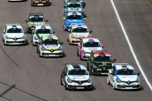 Paul Rivett (GBR) WDE Motorsport Renault Clio Cup and Mike Bushell (GBR) Team Pyro Renault Clio Cup lead at the start of race 2