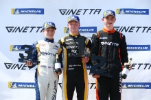Podium, Luke Browning (GBR) Richardson Racing, Adam Smalley Elite Motorsport Ginetta Junior and Patrick Kibble TCR Ginetta Junior